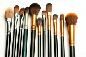 Set of professional makeup brushes cosmetic accessories set on white background. Makeup tool concept by AI Generated photo