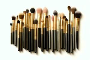 Set of professional makeup brushes cosmetic accessories set on white background. Makeup tool concept by AI Generated photo