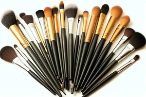 Set of professional makeup brushes cosmetic accessories set on white background. Makeup tool concept by AI Generated photo