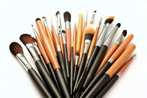 Set of professional makeup brushes cosmetic accessories set on white background. Makeup tool concept by AI Generated photo