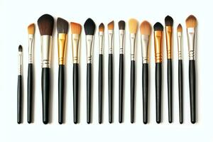 Set of professional makeup brushes cosmetic accessories set on white background. Makeup tool concept by AI Generated photo