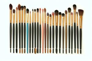 Set of professional makeup brushes cosmetic accessories set on white background. Makeup tool concept by AI Generated photo