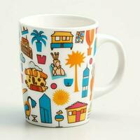 A mug with a doodle hand drawn new york or summer design on it. Mug mockup and hand drawn doodle concept by AI Generated photo