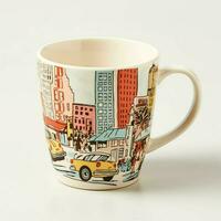 A mug with a doodle hand drawn new york or summer design on it. Mug mockup and hand drawn doodle concept by AI Generated photo