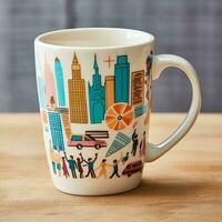 A mug with a doodle hand drawn new york or summer design on it. Mug mockup and hand drawn doodle concept by AI Generated photo