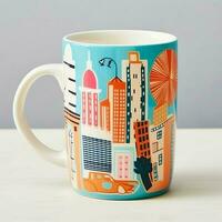 A mug with a doodle hand drawn new york or summer design on it. Mug mockup and hand drawn doodle concept by AI Generated photo