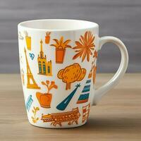 A mug with a doodle hand drawn new york or summer design on it. Mug mockup and hand drawn doodle concept by AI Generated photo