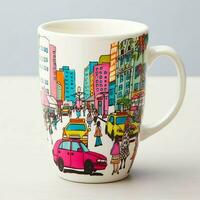 A mug with a doodle hand drawn new york or summer design on it. Mug mockup and hand drawn doodle concept by AI Generated photo