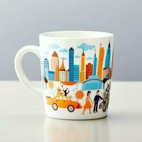 A mug with a doodle hand drawn new york or summer design on it. Mug mockup and hand drawn doodle concept by AI Generated photo