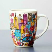 A mug with a doodle hand drawn new york or summer design on it. Mug mockup and hand drawn doodle concept by AI Generated photo