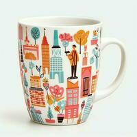 A mug with a doodle hand drawn new york or summer design on it. Mug mockup and hand drawn doodle concept by AI Generated photo