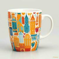 A mug with a doodle hand drawn new york or summer design on it. Mug mockup and hand drawn doodle concept by AI Generated photo