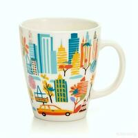 A mug with a doodle hand drawn new york or summer design on it. Mug mockup and hand drawn doodle concept by AI Generated photo