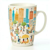 A mug with a doodle hand drawn new york or summer design on it. Mug mockup and hand drawn doodle concept by AI Generated photo