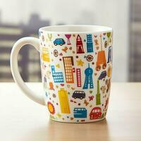 A mug with a doodle hand drawn new york or summer design on it. Mug mockup and hand drawn doodle concept by AI Generated photo