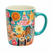 A mug with a doodle hand drawn new york or summer design on it. Mug mockup and hand drawn doodle concept by AI Generated photo