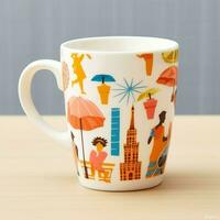 A mug with a doodle hand drawn new york or summer design on it. Mug mockup and hand drawn doodle concept by AI Generated photo