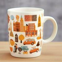 A mug with a doodle hand drawn new york or summer design on it. Mug mockup and hand drawn doodle concept by AI Generated photo