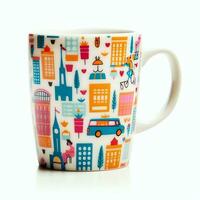 A mug with a doodle hand drawn new york or summer design on it. Mug mockup and hand drawn doodle concept by AI Generated photo