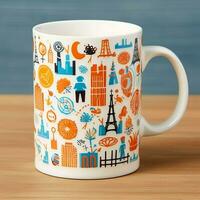 A mug with a doodle hand drawn new york or summer design on it. Mug mockup and hand drawn doodle concept by AI Generated photo