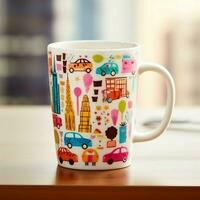 A mug with a doodle hand drawn new york or summer design on it. Mug mockup and hand drawn doodle concept by AI Generated photo