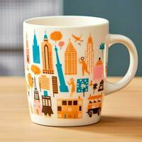 A mug with a doodle hand drawn new york or summer design on it. Mug mockup and hand drawn doodle concept by AI Generated photo