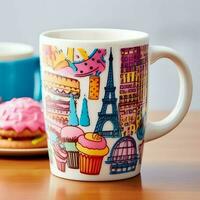 A mug with a doodle hand drawn new york or summer design on it. Mug mockup and hand drawn doodle concept by AI Generated photo