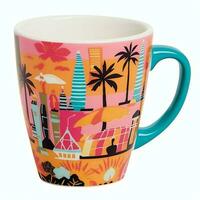 A mug with a doodle hand drawn new york or summer design on it. Mug mockup and hand drawn doodle concept by AI Generated photo