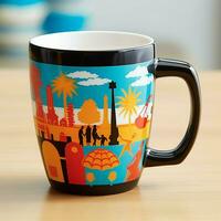 A mug with a doodle hand drawn new york or summer design on it. Mug mockup and hand drawn doodle concept by AI Generated photo