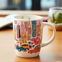 A mug with a doodle hand drawn new york or summer design on it. Mug mockup and hand drawn doodle concept by AI Generated photo