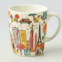 A mug with a doodle hand drawn new york or summer design on it. Mug mockup and hand drawn doodle concept by AI Generated photo