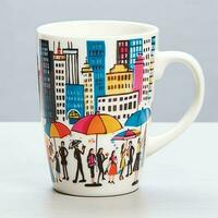 A mug with a doodle hand drawn new york or summer design on it. Mug mockup and hand drawn doodle concept by AI Generated photo