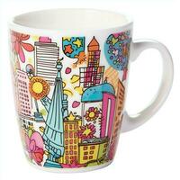 A mug with a doodle hand drawn new york or summer design on it. Mug mockup and hand drawn doodle concept by AI Generated photo