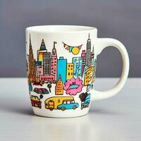 A mug with a doodle hand drawn new york or summer design on it. Mug mockup and hand drawn doodle concept by AI Generated photo