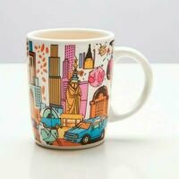 A mug with a doodle hand drawn new york or summer design on it. Mug mockup and hand drawn doodle concept by AI Generated photo