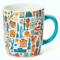 A mug with a doodle hand drawn new york or summer design on it. Mug mockup and hand drawn doodle concept by AI Generated photo