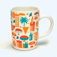 A mug with a doodle hand drawn new york or summer design on it. Mug mockup and hand drawn doodle concept by AI Generated photo