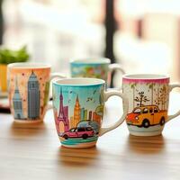 A mug with a doodle hand drawn new york or summer design on it. Mug mockup and hand drawn doodle concept by AI Generated photo