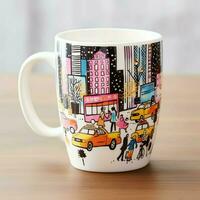 A mug with a doodle hand drawn new york or summer design on it. Mug mockup and hand drawn doodle concept by AI Generated photo