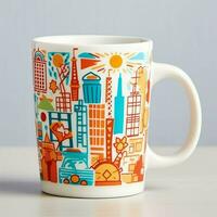 A mug with a doodle hand drawn new york or summer design on it. Mug mockup and hand drawn doodle concept by AI Generated photo