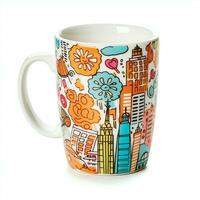 A mug with a doodle hand drawn new york or summer design on it. Mug mockup and hand drawn doodle concept by AI Generated photo