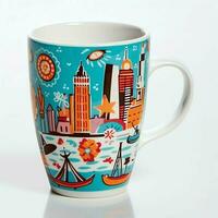 A mug with a doodle hand drawn new york or summer design on it. Mug mockup and hand drawn doodle concept by AI Generated photo