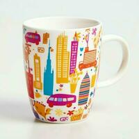 A mug with a doodle hand drawn new york or summer design on it. Mug mockup and hand drawn doodle concept by AI Generated photo