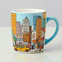 A mug with a doodle hand drawn new york or summer design on it. Mug mockup and hand drawn doodle concept by AI Generated photo