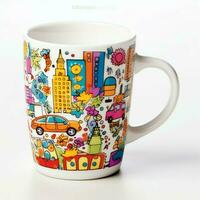 A mug with a doodle hand drawn new york or summer design on it. Mug mockup and hand drawn doodle concept by AI Generated photo