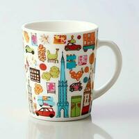 A mug with a doodle hand drawn new york or summer design on it. Mug mockup and hand drawn doodle concept by AI Generated photo