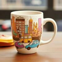 A mug with a doodle hand drawn new york or summer design on it. Mug mockup and hand drawn doodle concept by AI Generated photo