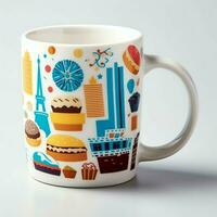 A mug with a doodle hand drawn new york or summer design on it. Mug mockup and hand drawn doodle concept by AI Generated photo