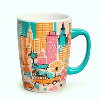 A mug with a doodle hand drawn new york or summer design on it. Mug mockup and hand drawn doodle concept by AI Generated photo