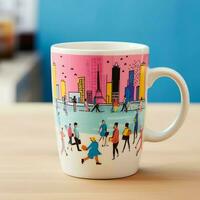 A mug with a doodle hand drawn new york or summer design on it. Mug mockup and hand drawn doodle concept by AI Generated photo